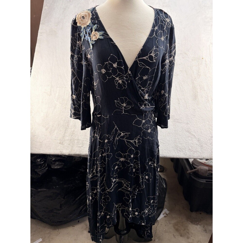 Tribal Floral Maxi Wrap Dress Womens Medium Multicolor 3/4 Sleeve Stretch